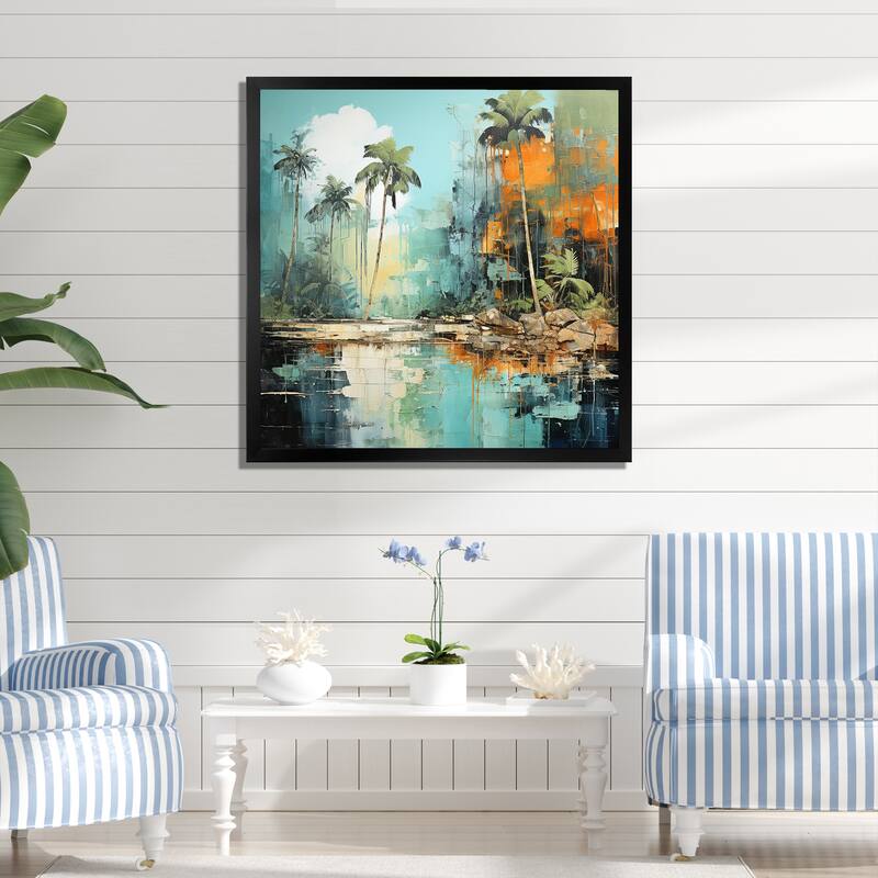 Designart "Tropical Jungle River III" Coastal Tropical Wall Decor Green Coastal Entryway Framed Wall Art Print - 36 in. wide x 36 in. high - Black