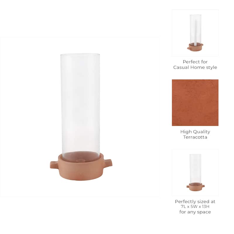 Pottery Glass Pillar and Taper Holder Rustic Base and Hurricane Sleeve - 7" x 5" x 13"