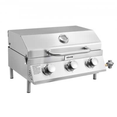Silver Stainless Steel Tabletop Gas Grill with 3 Burners and Thermometer - 25 x 17.72 x 13.78 in
