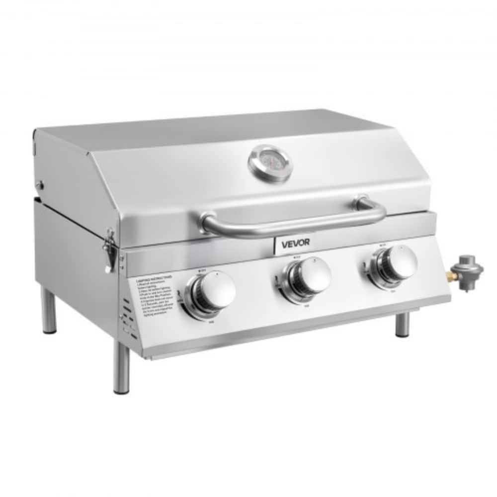Silver Stainless Steel Tabletop Gas Grill with 3 Burners and Thermometer - 25 x 17.72 x 13.78 in