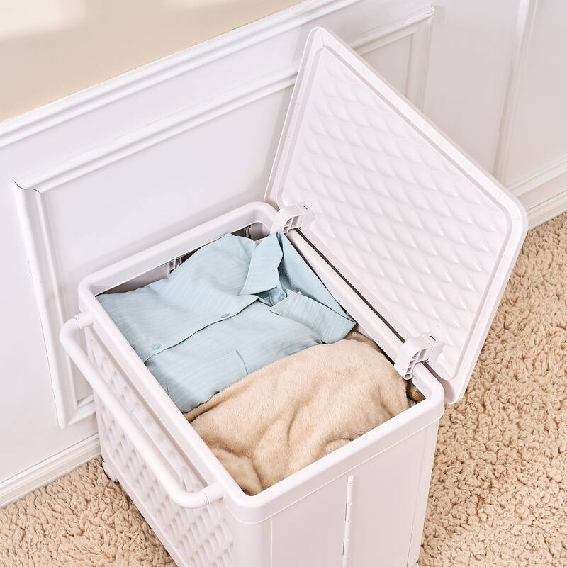 Javlergo White Rolling Laundry Cart with Lid & Wheels 80L Large Capacity Hamper 360° Swivel Wheels with Brakesfor Laundry