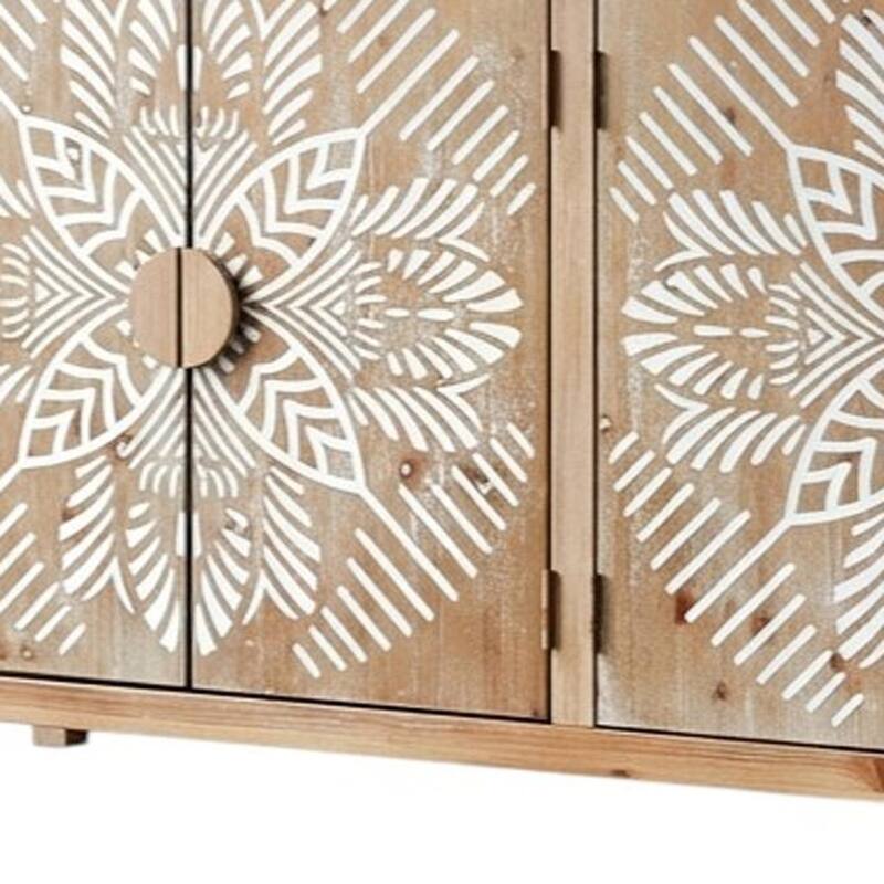 HomeRoots 60" Brown and White Wood Carved Floral Accent Cabinet With Four Doors
