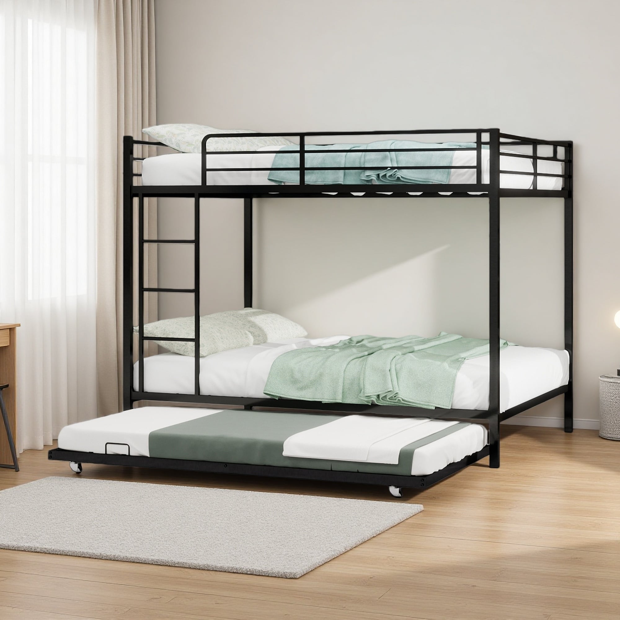 Full Iron Bunk Bed, Square Tube Frame, Safety Rails, Trundle
