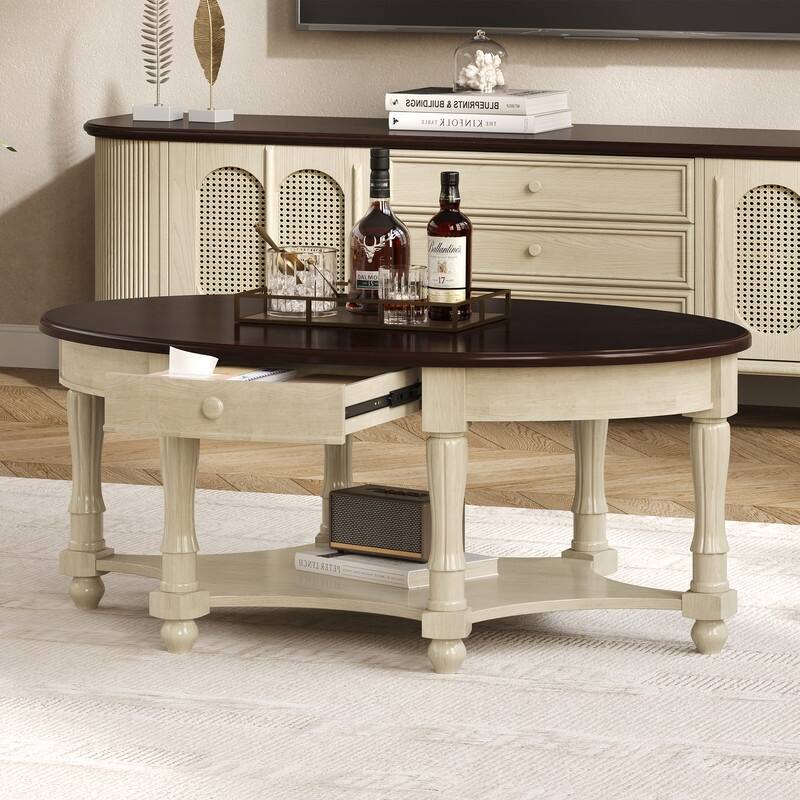 Vintage Oval Coffee Table with Drawer and Storage Shelf, Antique Cocktail Table in 45" - Beige,Espresso