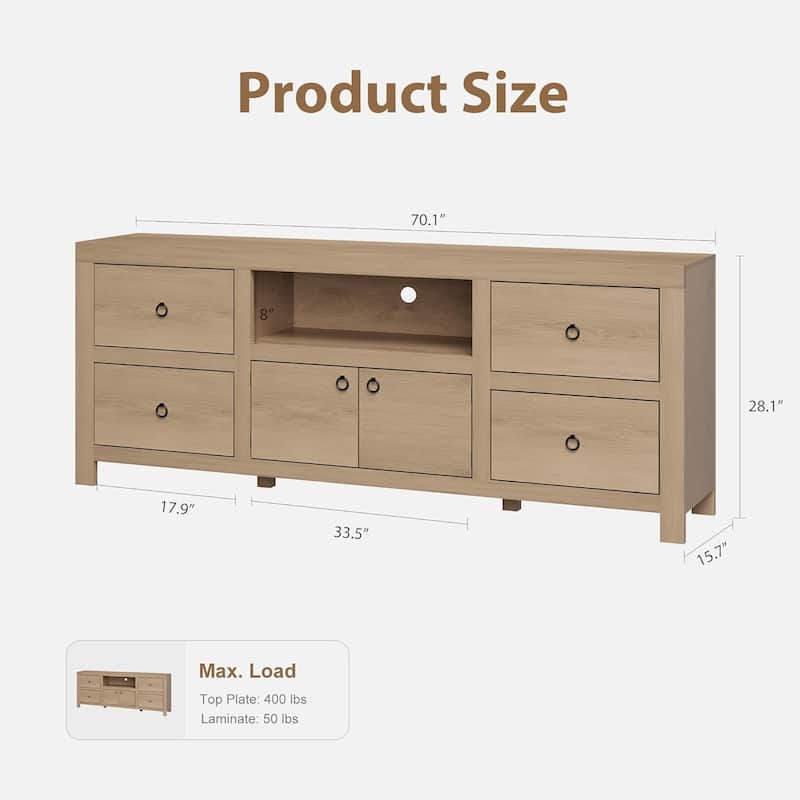 Farmhouse TV Stand for 75/80 Inch TVs, 70" Long Entertainment Center with 6 Storage Drawers & Soundbar Shelf, White