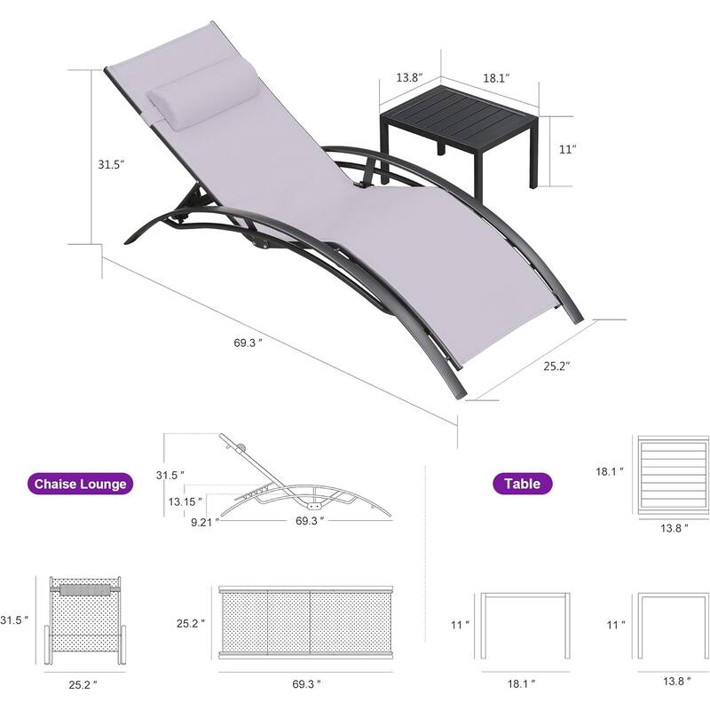 PURPLE LEAF Patio Chaise Lounge Set Outdoor Beach Pool Sunbathing Lawn Lounger Recliner Chair Side Table Included