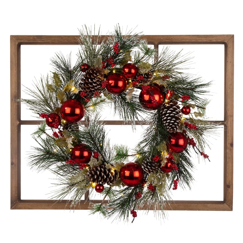 24"D Pre-Lit Ball Berry Holly Pinecone & Ornament Wreath with Brown Window Frame Set