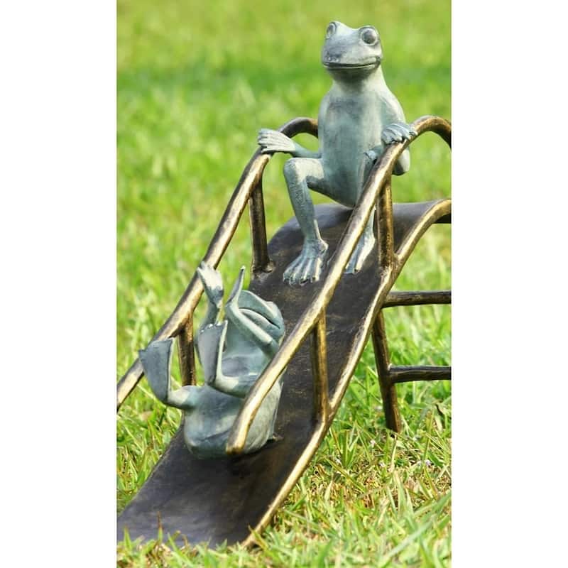 Bronze And Verdigris Finish Sliding Frogs Garden Statue - 18 X 25 X 6.5 inches