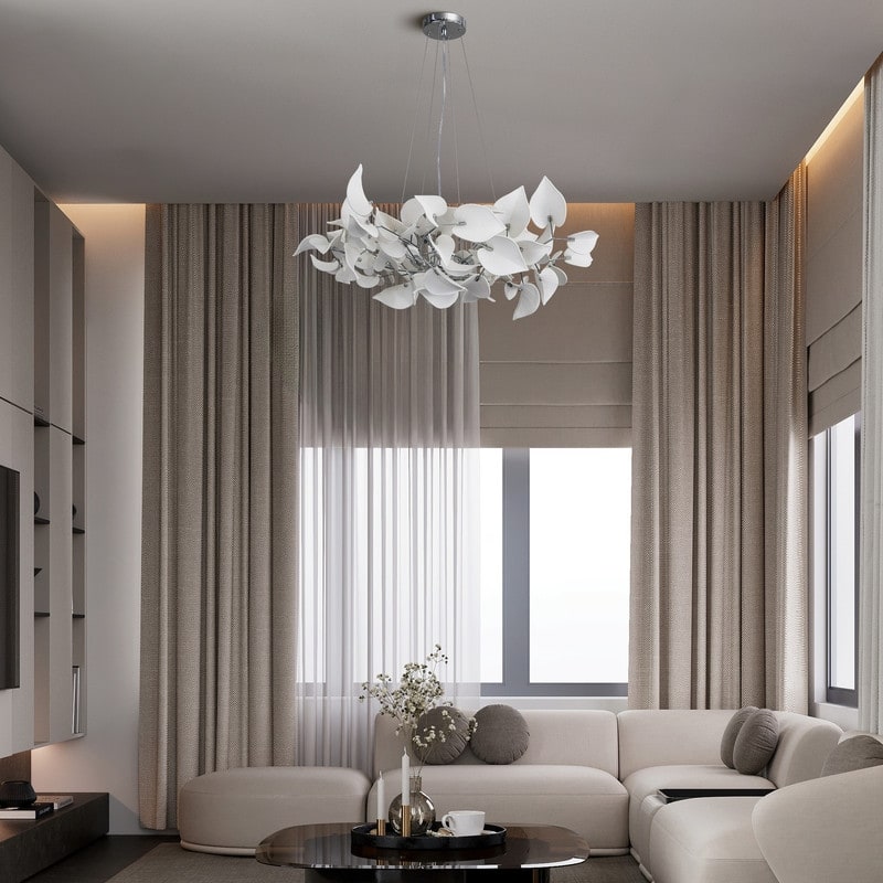 Modern Ginkgo Leaf Ceramic Chandelier, Moon Ring Round Pendant Light, D550-D1200, Gold Finish - 32in