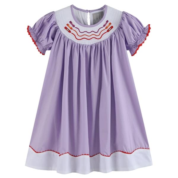 slide 2 of 4, Purple Gingham Crayon Back to School Smocked Bishop Dress