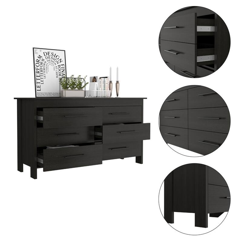 6-Drawer Double Dresser in Black Finish with Four Legs, Superior Top, Smooth Glide Drawers, and Contemporary Look