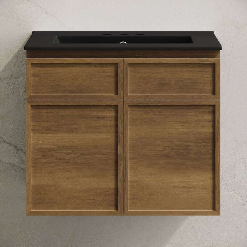 St. Tropez 24" Wall-Mounted Bathroom Vanity In Brown Oak With Black 3-Hole Widespread Sink Top - 24