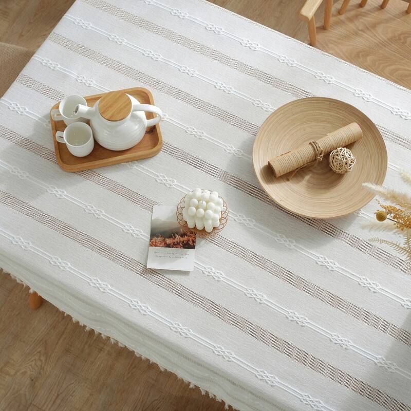 Enova Home High Quality Rectangle Cotton Linen Washable Tablecloth Stripe with Tassel for Home Party Wedding Dining Table