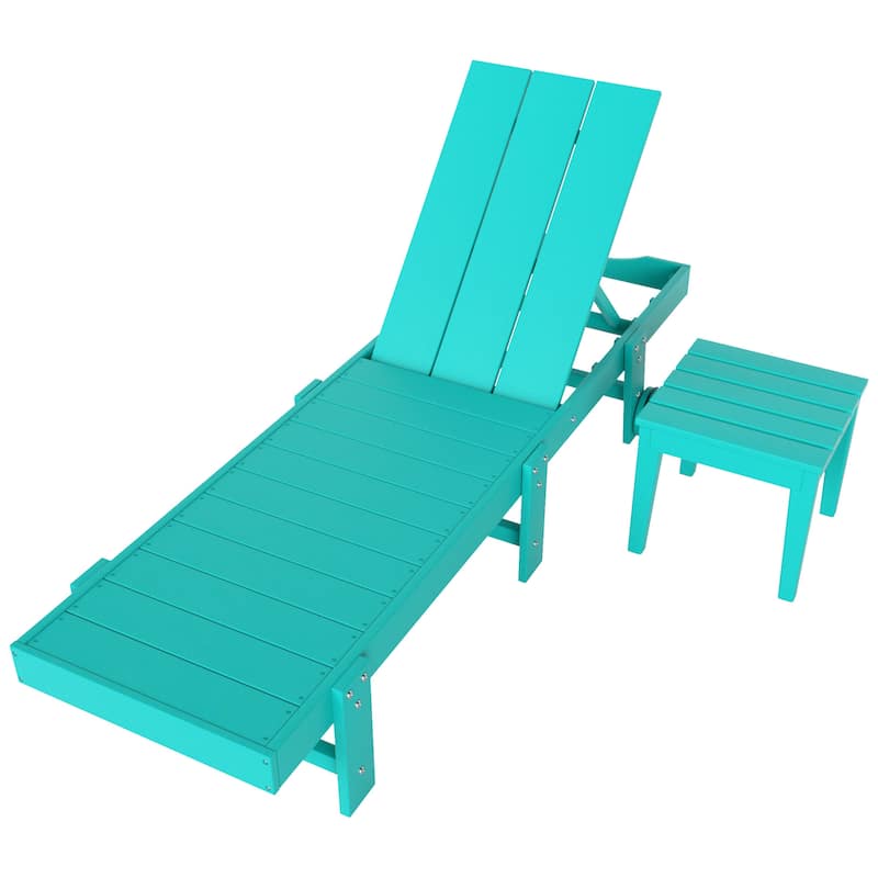 Polytrends Shoreside Modern Poly Eco-Friendly All Weather Reclining Chaise Lounge With Wheels and Side Table (2-Piece Set)
