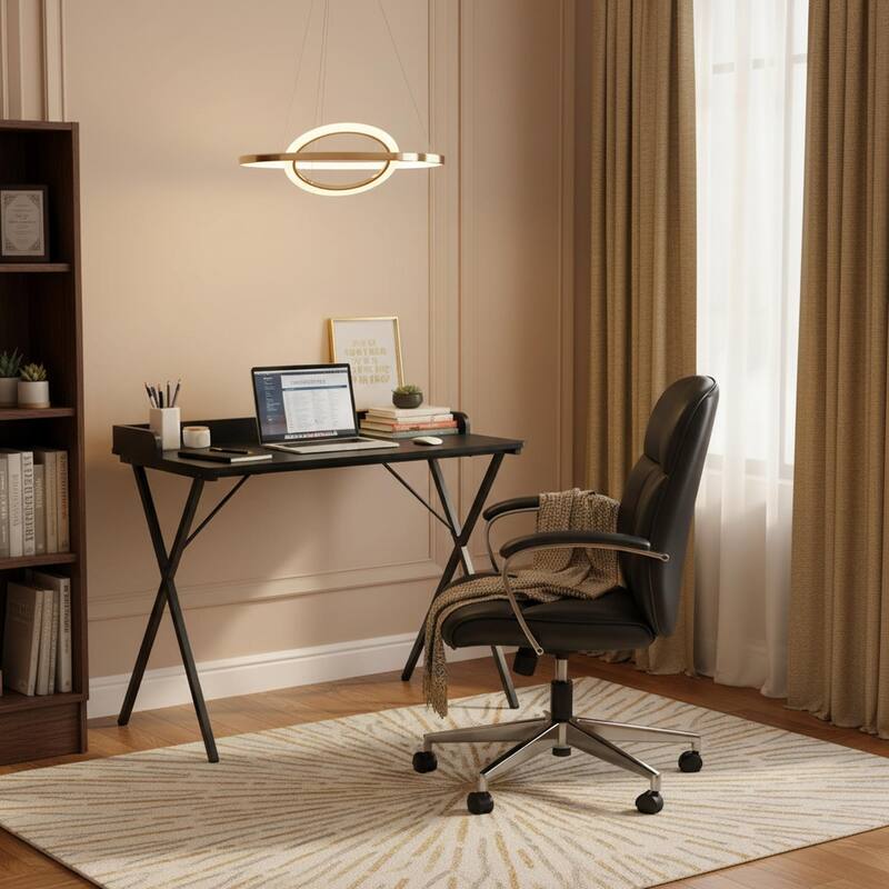 Homylin Modern Metal Frame Writing Desk with Raised Back Shelf, Black