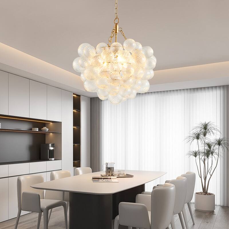 Modern Gold Pendant Light Chandelier with Threaded Clear Glass Globe Shade Adjustable Height, for Living Room, Dining Room