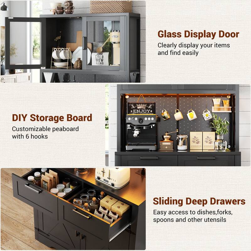 71" Kitchen Pantry Storage Cabinet with LED Light & Power Outlet, Freestanding Buffet Cabinet with Microwave Stand and Doors
