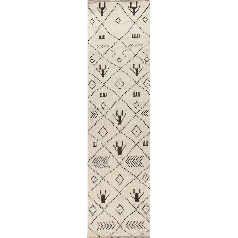 Trellis Tribal Moroccan Oriental Runner Rug Hand-knotted Wool Carpet - 2'6" x 10'8"