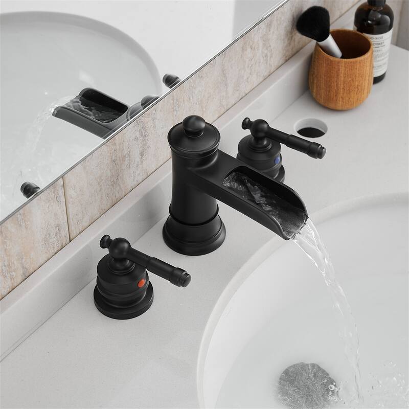Waterfall 8 Inch Widespread Bathroom Faucet with Pop-up Drain Brass Double Handle Modern Bathroom Sink Basin Taps