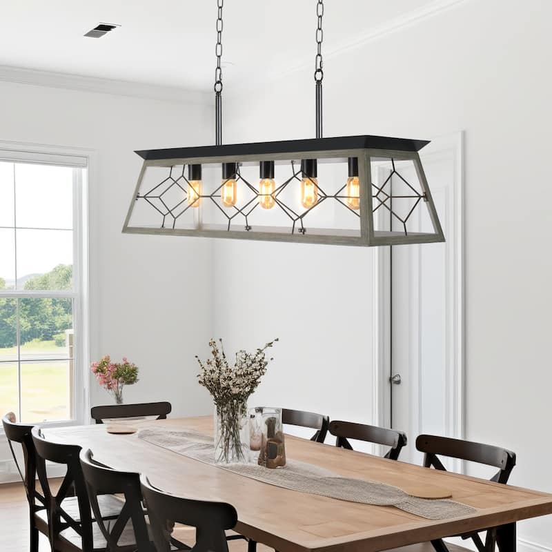 Moasis 5-Light Rectangle Farmhouse Rustic Chandelier For Kitchen Island