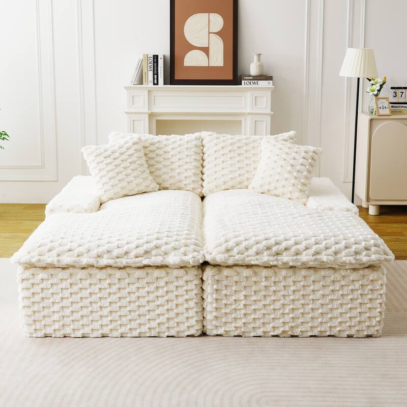 Double Chaise Lounge Sofa Turtle Velvet Sectional Sofa Set Lazy Sleeper Sofa, Full Compressed Sponge - White - Symmetrical