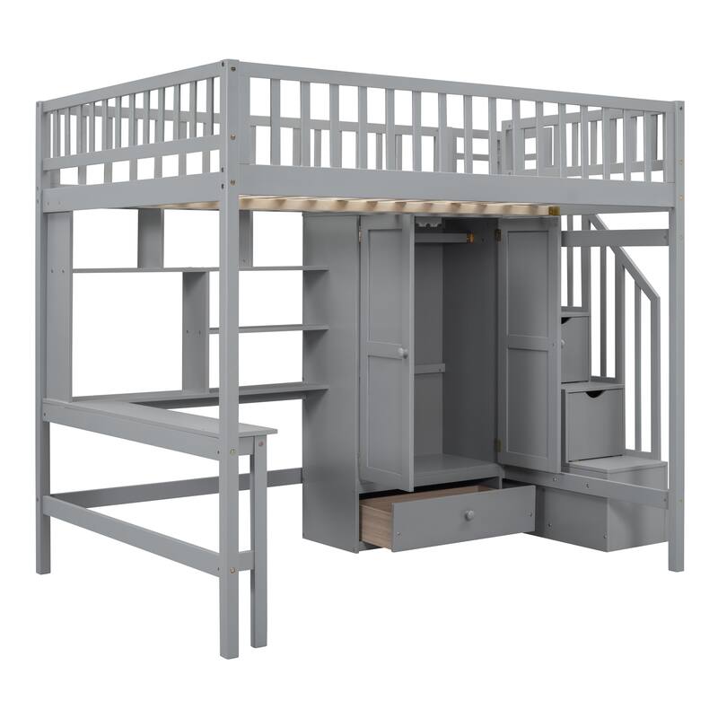 Full Size Loft Bed with Storage, Study Desk, Drawers, and Wardrobe, Space-Saving Design for Bedrooms
