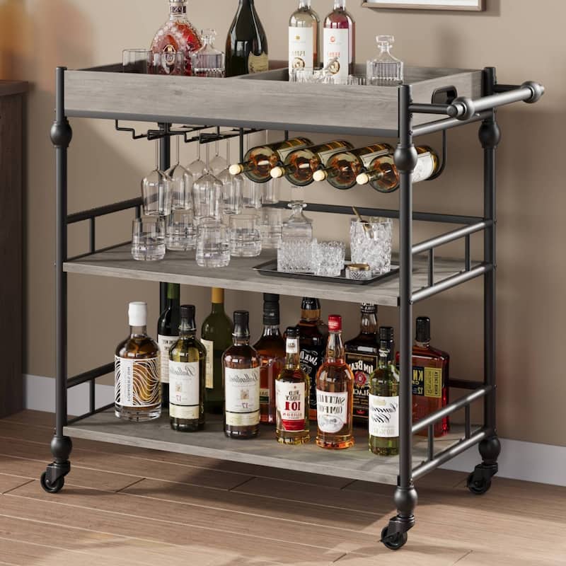 3 Tier Rolling Serving Bar Cart with Removable Tray