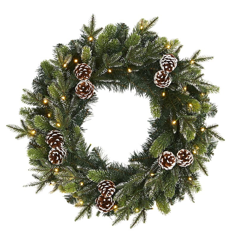 24" Snowed Pinecone Christmas Wreath with 35 Clear LED Lights