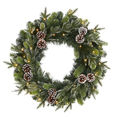 24" Snowed Pinecone Christmas Wreath with 35 Clear LED Lights