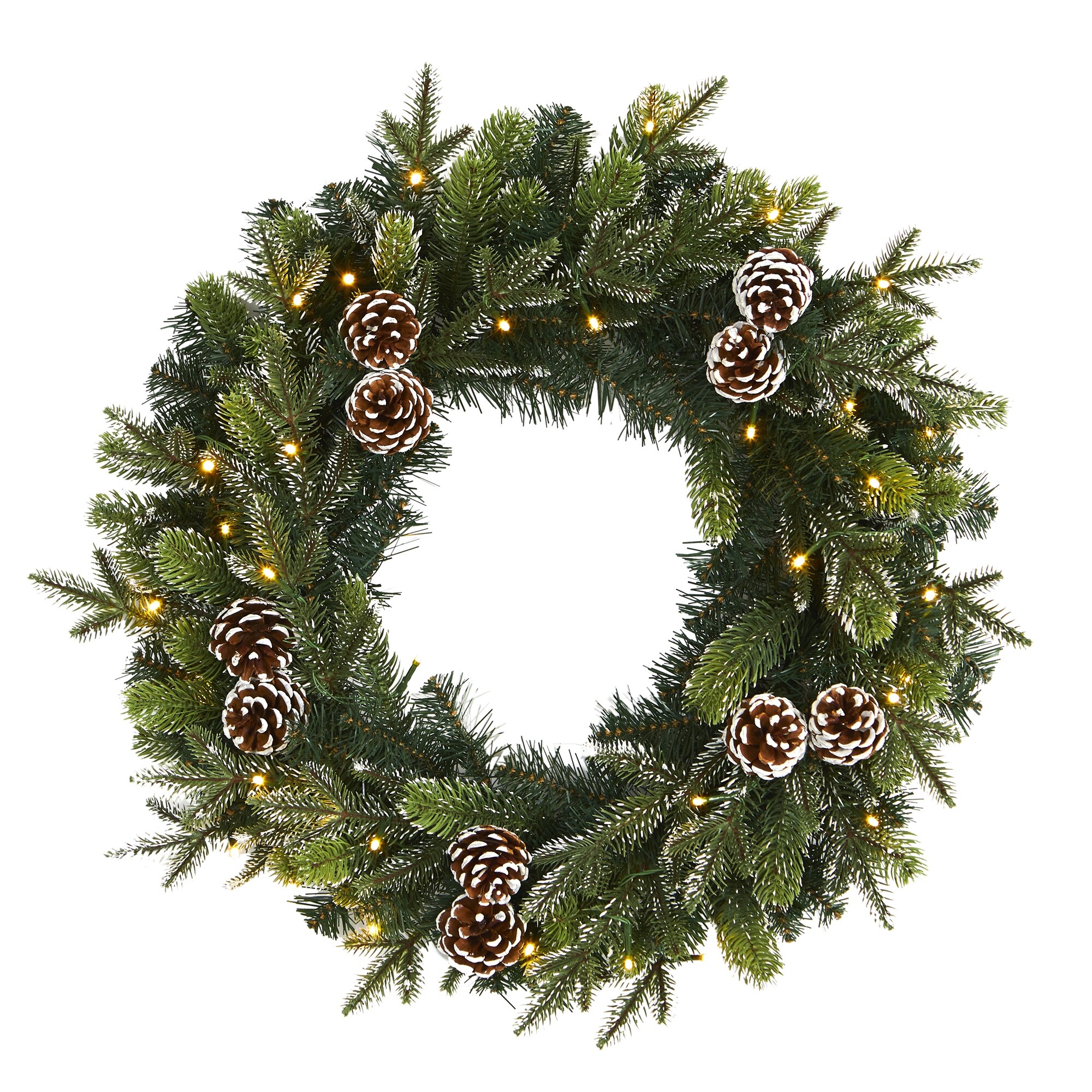24" Snowed Pinecone Christmas Wreath with 35 Clear LED Lights