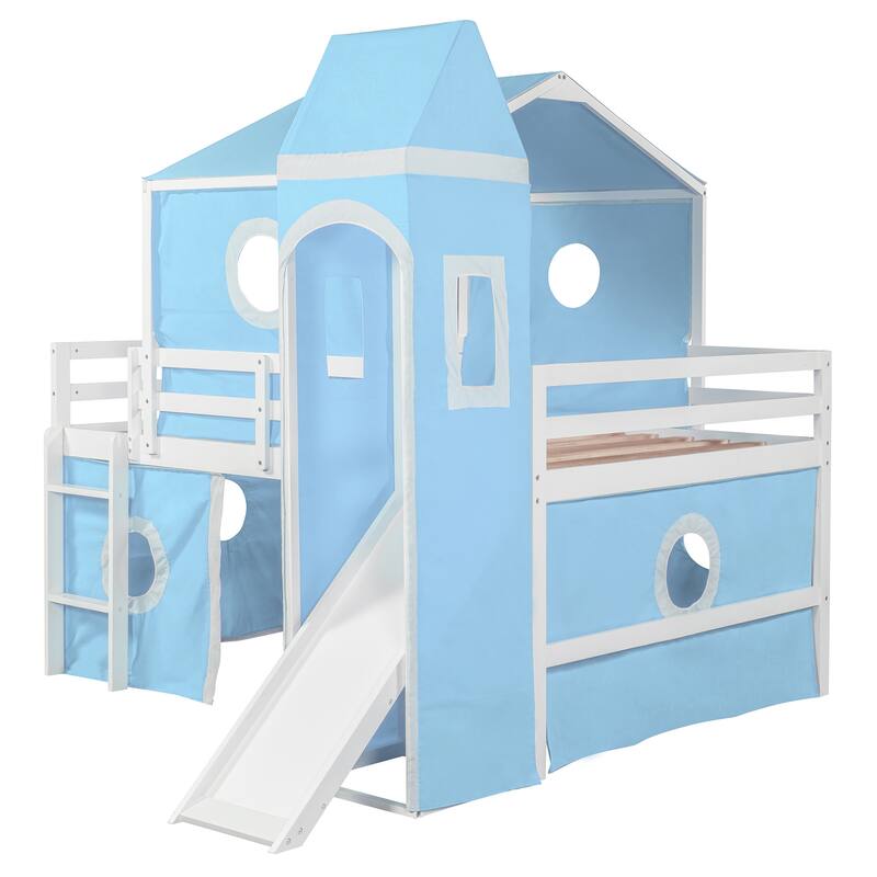 Full Size Loft Bed with Slide, Pink Tent, and Tower in Blue - Durable Pinewood Construction