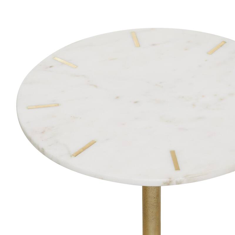 White Marble Accent Table with Gold Inlay and Scrolled Base