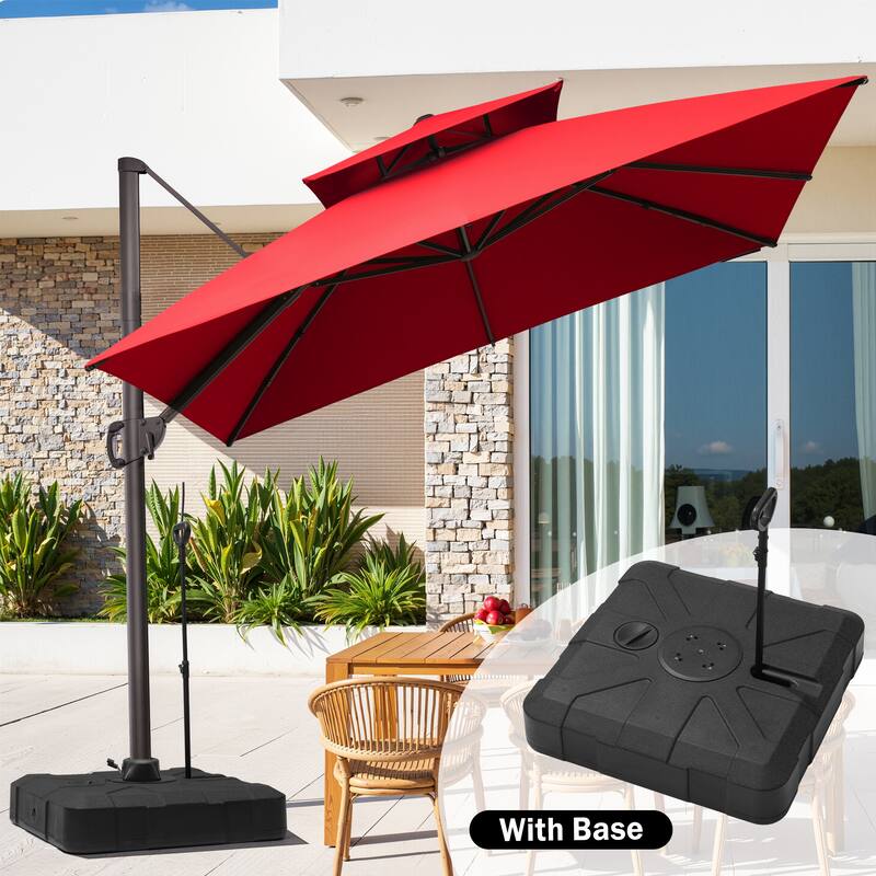 11 FT Outdoor Square Patio Offset Cantilever Umbrella with Base - Red