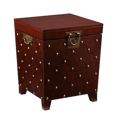24" Brown MDF Wood Square End Table with Storage and Nailhead Trim for Living Room or Bedroom - 24"H x 21"L x 21.25"W