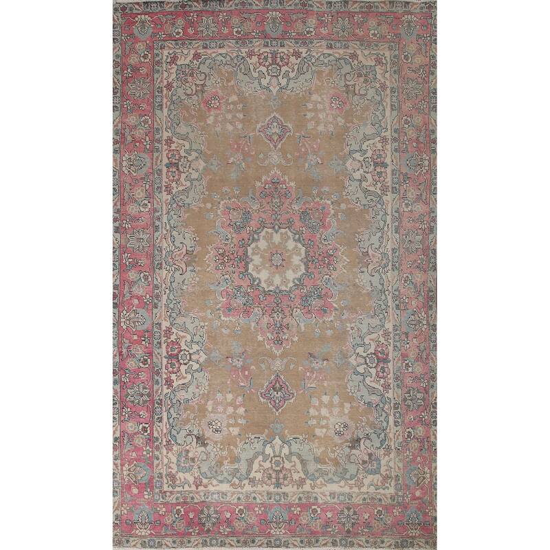Brown Distressed Tabriz Persian Antique Rug Hand-knotted Wool Carpet - 6'2" x 9'8"