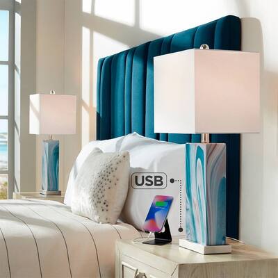Set of 2 Coastal Table Lamps with USB Port LED Blue - 9" x 25"