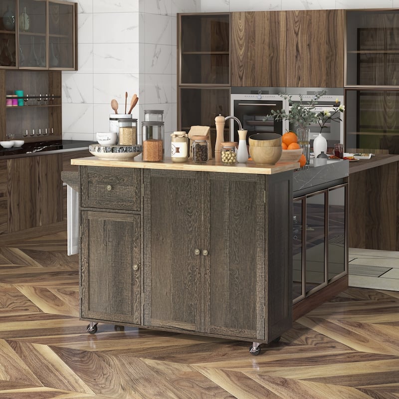 Triple-Cabinet Rolling Kitchen Island on Wheels - Distressed Brown - Portable - Wood