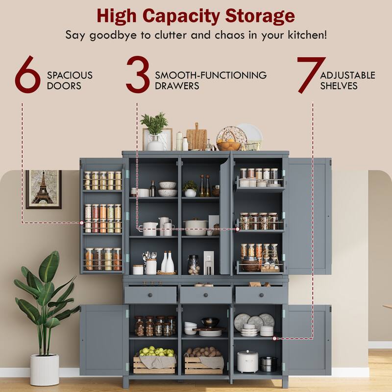 75" Farmhouse Kitchen Pantry Cabinet with Door Shelves, Large Freestanding Cupboard with Pull-Out Trays