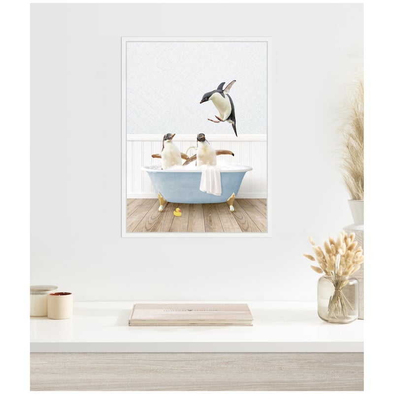 Kate and Laurel Sylvie Penguins in Cottage Blue Bathtub Framed Canvas by Amy Peterson