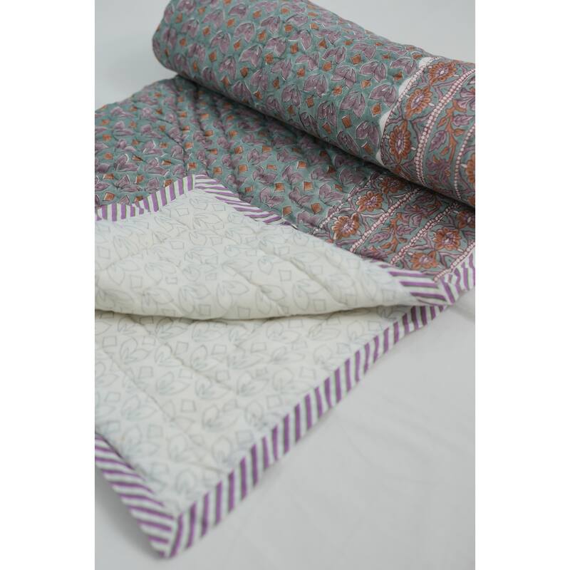 Fabdivine Luxury Hand Block Print Cotton Quilt Floral Boho Bedding for Bedroom & Sofa, Pink Brown, Handmade Reversible Bedspread