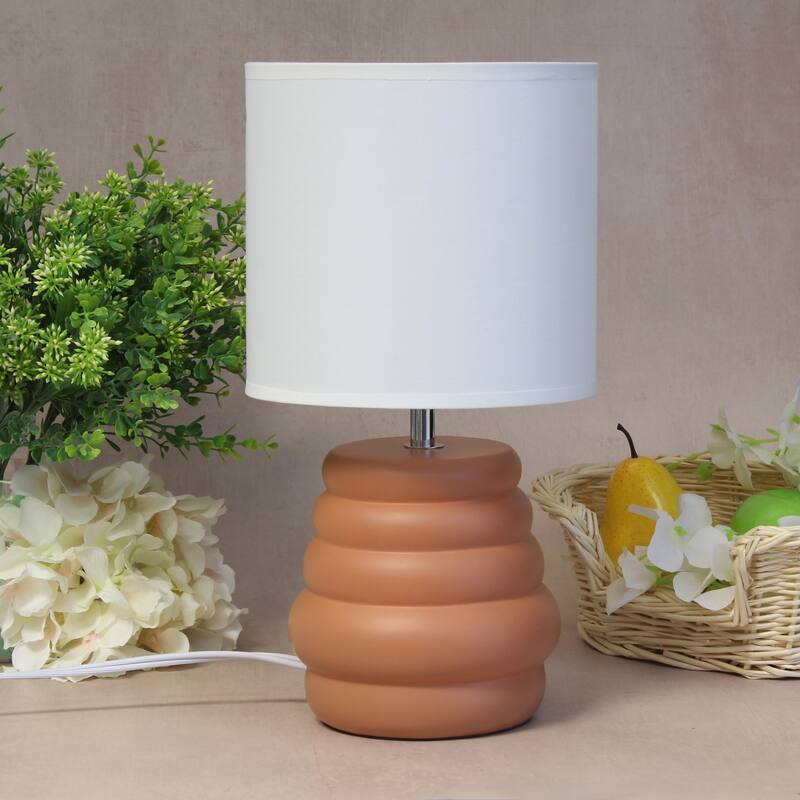 Stacked Ceramic Mini Table Lamp with Fabric Drum Shade Modern Sculptural Accent Lighting Compact Design