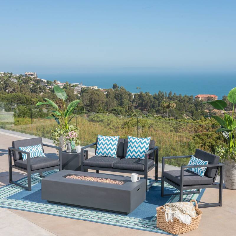 Navan Outdoor 4-Seater Aluminum Chat Set with Fire Pit and Tank Holder by Christopher Knight Home - dark gray + black cushion+ dark gray