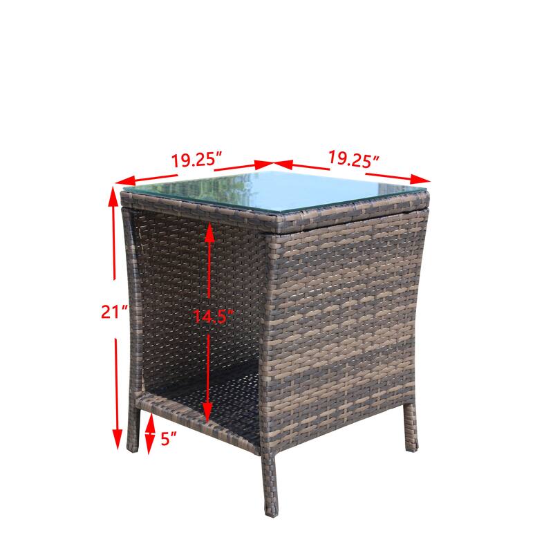 Anmytek Gray Rattan Side Table with Tempered Glass Top Indoor Outdoor Wicker Patio Table Double Tier Storage - 19.25*19.25