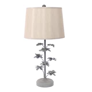 Flower Tree Design Metal Table Lamp Set of 2 with Tapered Drum Shade, Gray and Beige