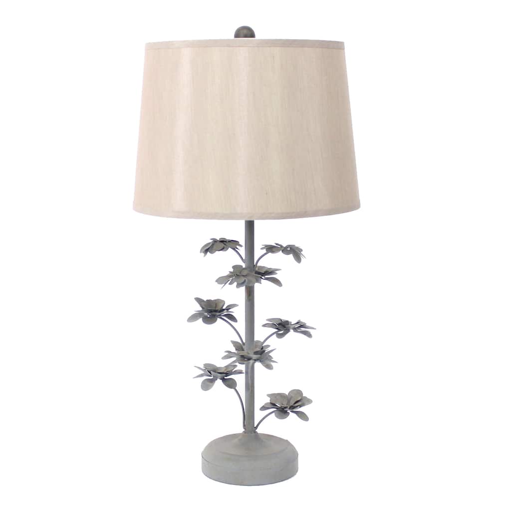 Flower Tree Design Metal Table Lamp Set of 2 with Tapered Drum Shade, Gray and Beige