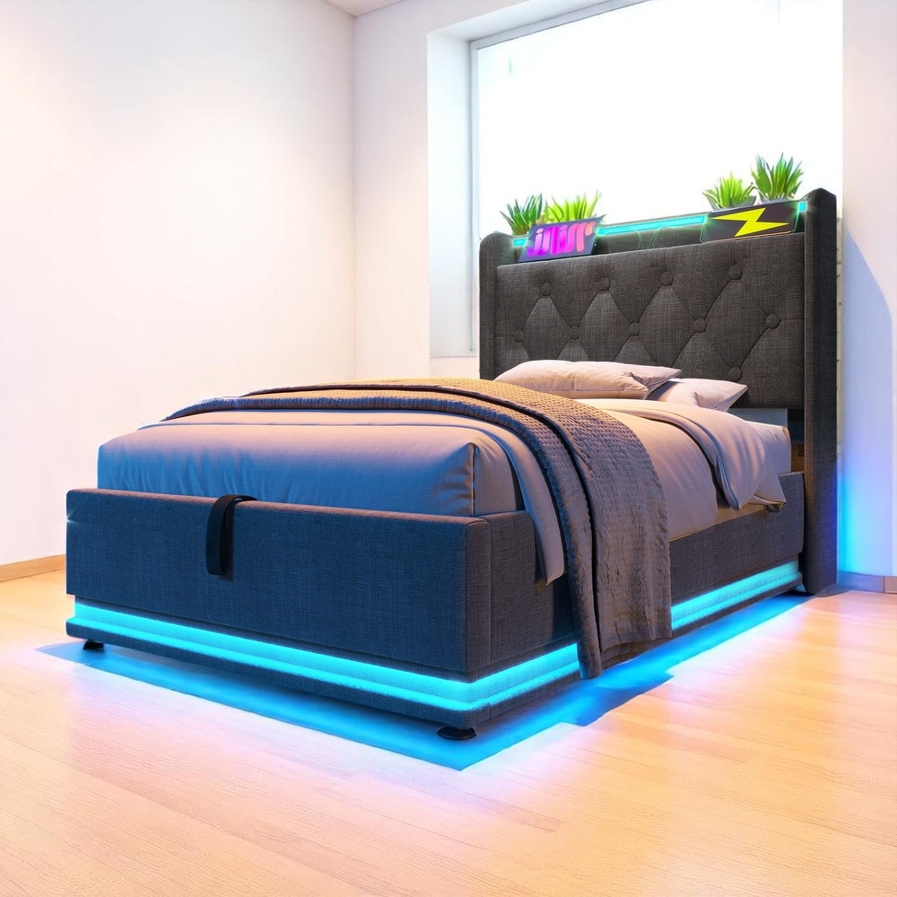 Upholstered Storage Bed with 360掳 LED, App/Remote Control, USB Charging, Twin/Full/Queen/King, Gray Linen