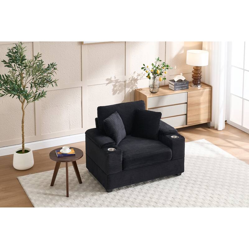 Corduroy Upholstered Chaise Lounge with Movable Ottoman, Living Room Storage Sofa Chair with Cup Holder, Detachable Cushions