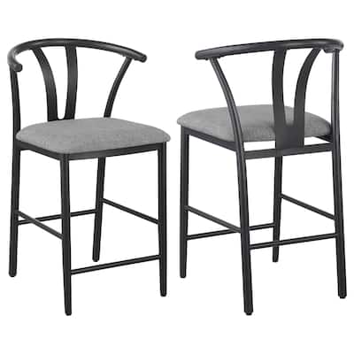 Dola Counter Height Chair Set of 2, Gray Fabric, Black Metal 25 Inch