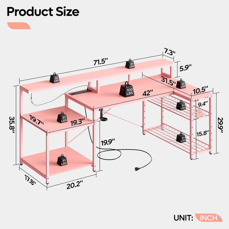 Bestier 71.5 L Shaped Computer Desk with LED, Corner Gaming Desk with Power Outlet