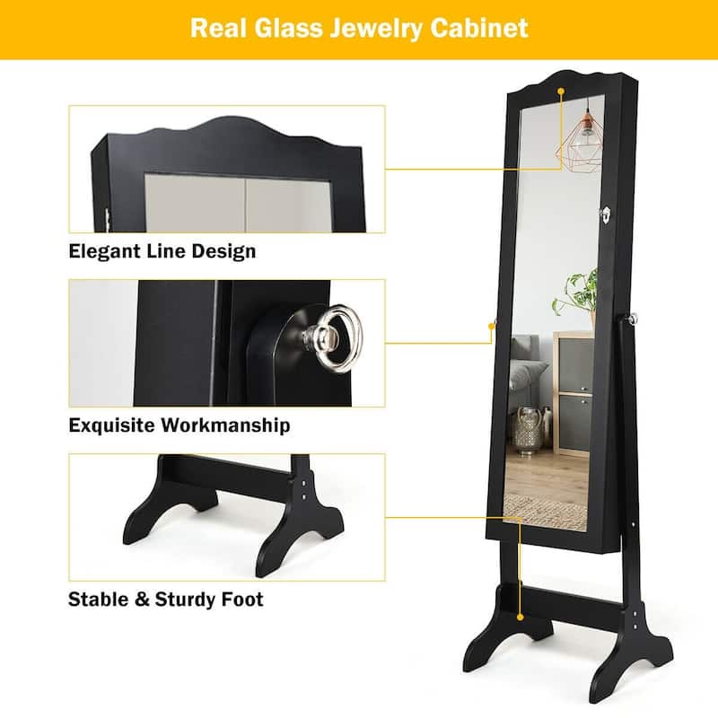 Black Lockable Jewelry Storage Cabinet Armoire with Full Length Mirror and 4 Angle Tilting Positions
